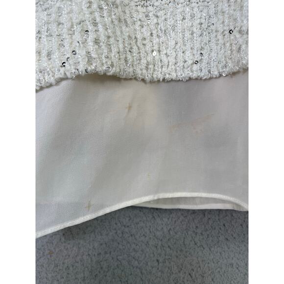 LOFT White Sequin Knit‎ Sweater Tunic Sheer Hem Women's Small - Picture 9 of 10